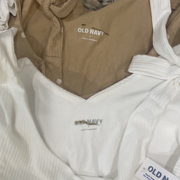 2 Old Navy Tie-Shoulder V-Neck Rib-Knit Bodysuit White & Tan PolkaDot Large NEW - Picture 11 of 11